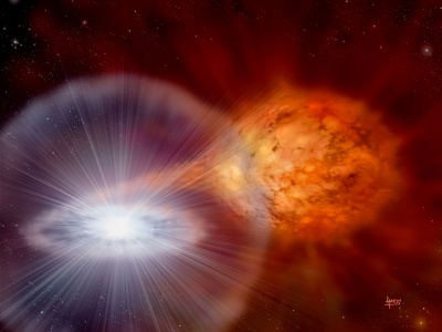 Imagen artística de la exploxión de la nova RS Oph (Crédito: David A. Hardy)